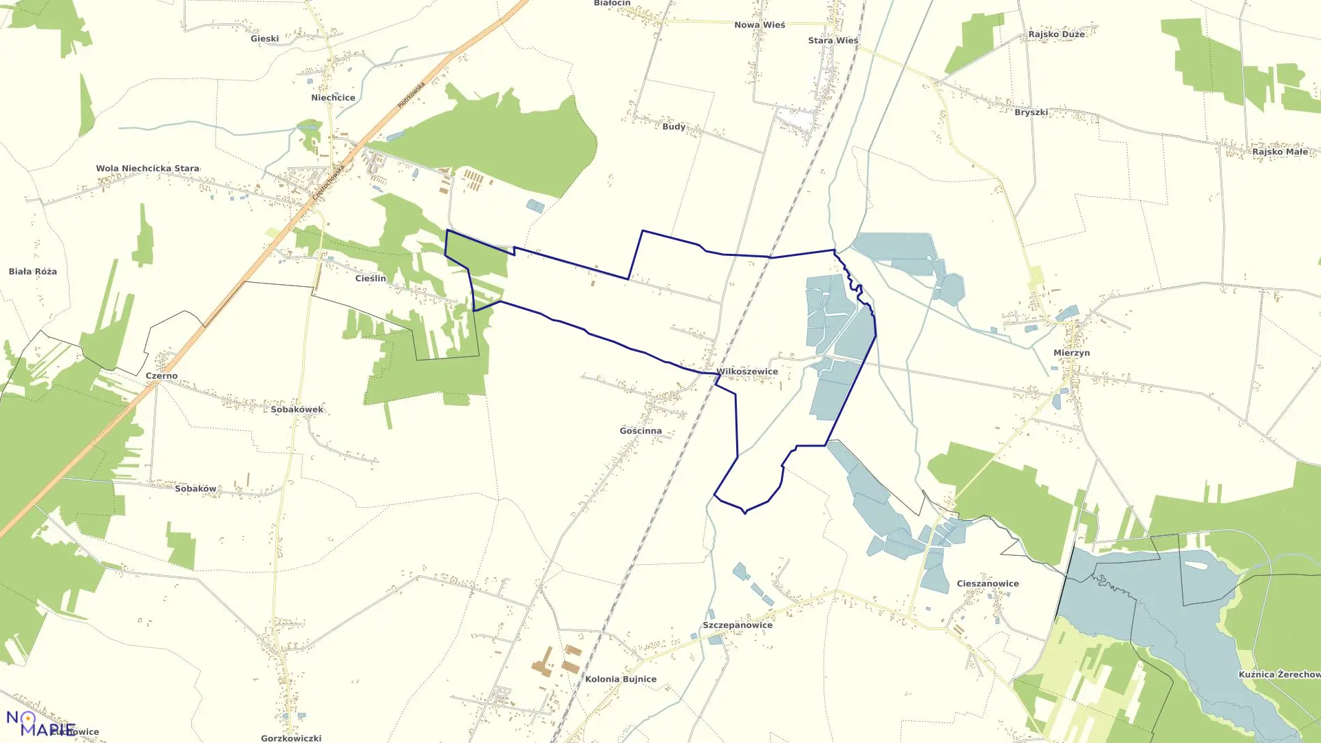 Mapa obrębu WILKOSZEWICE w gminie Gorzkowice